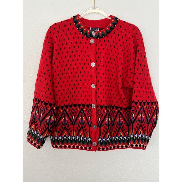Dale Of Norway Red Wool Cardigan Sweater M Nordic Pattern Holiday Button Front - Picture 1 of 10